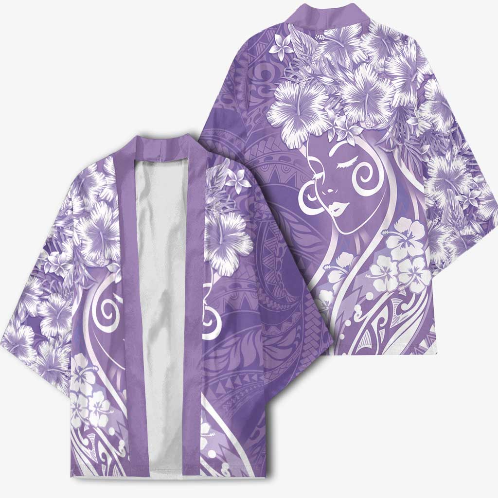 Polynesian Women's Day Kimono Purple Hibiscus Flowers With Polynesian Pattern