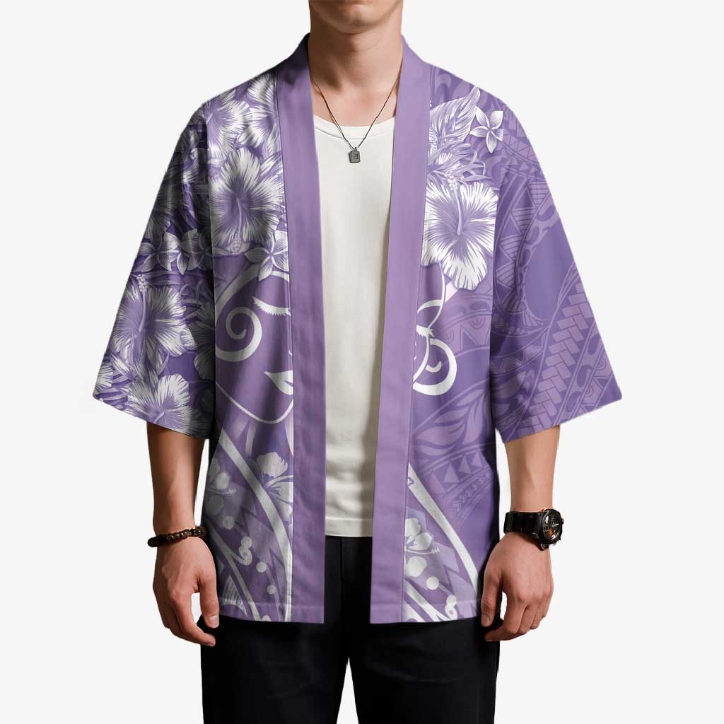 Polynesian Women's Day Kimono Purple Hibiscus Flowers With Polynesian Pattern