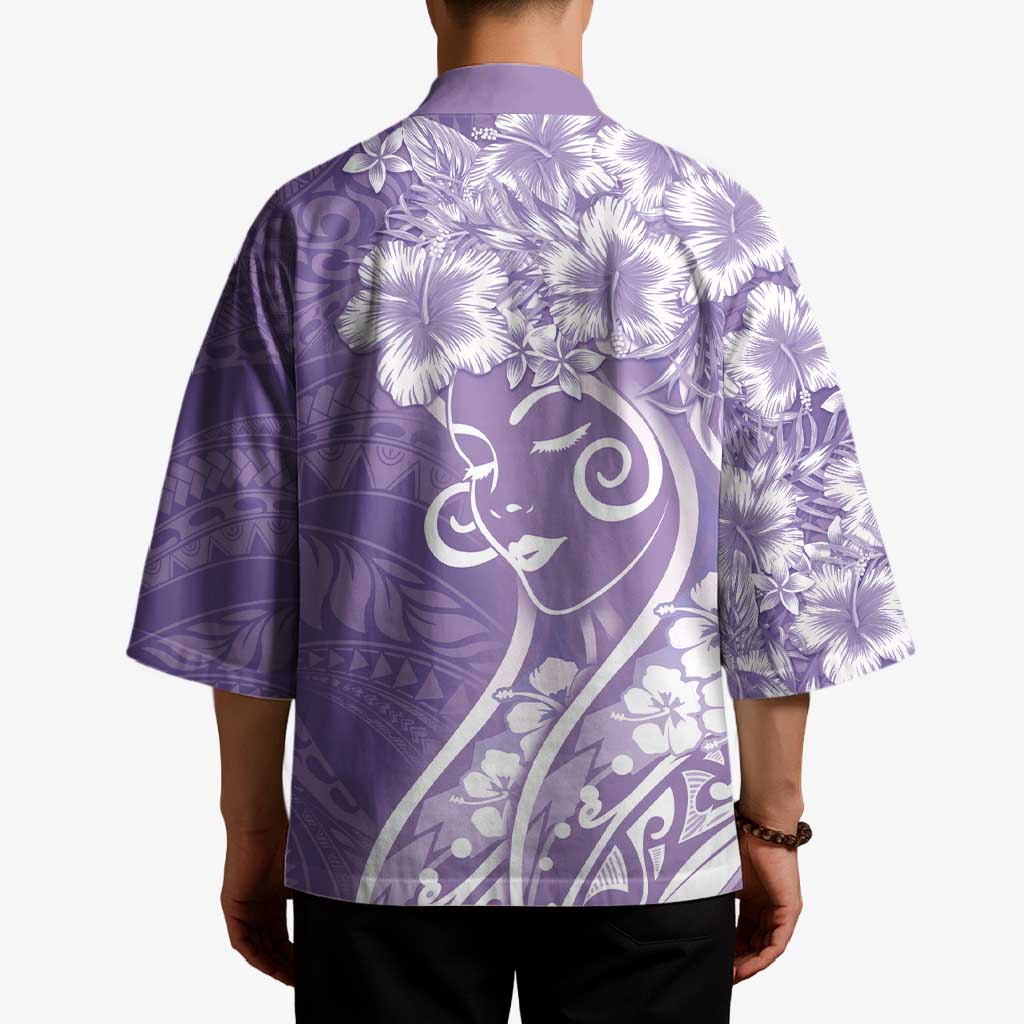 Polynesian Women's Day Kimono Purple Hibiscus Flowers With Polynesian Pattern