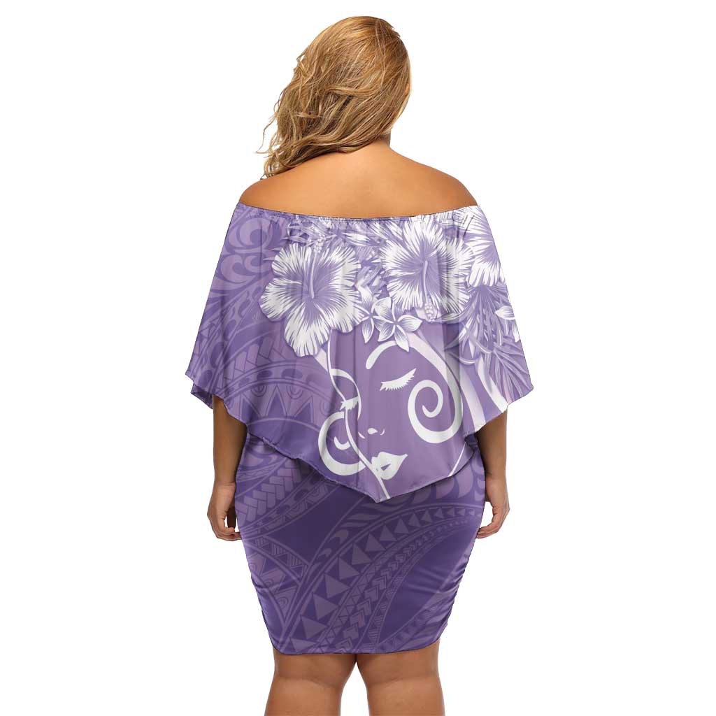 Polynesian Women's Day Off Shoulder Short Dress Purple Hibiscus Flowers With Polynesian Pattern LT05 - Polynesian Pride