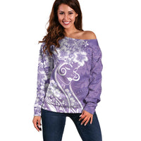Polynesian Women's Day Off Shoulder Sweater Purple Hibiscus Flowers With Polynesian Pattern