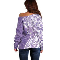 Polynesian Women's Day Off Shoulder Sweater Purple Hibiscus Flowers With Polynesian Pattern