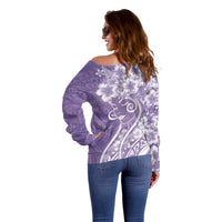 Polynesian Women's Day Off Shoulder Sweater Purple Hibiscus Flowers With Polynesian Pattern
