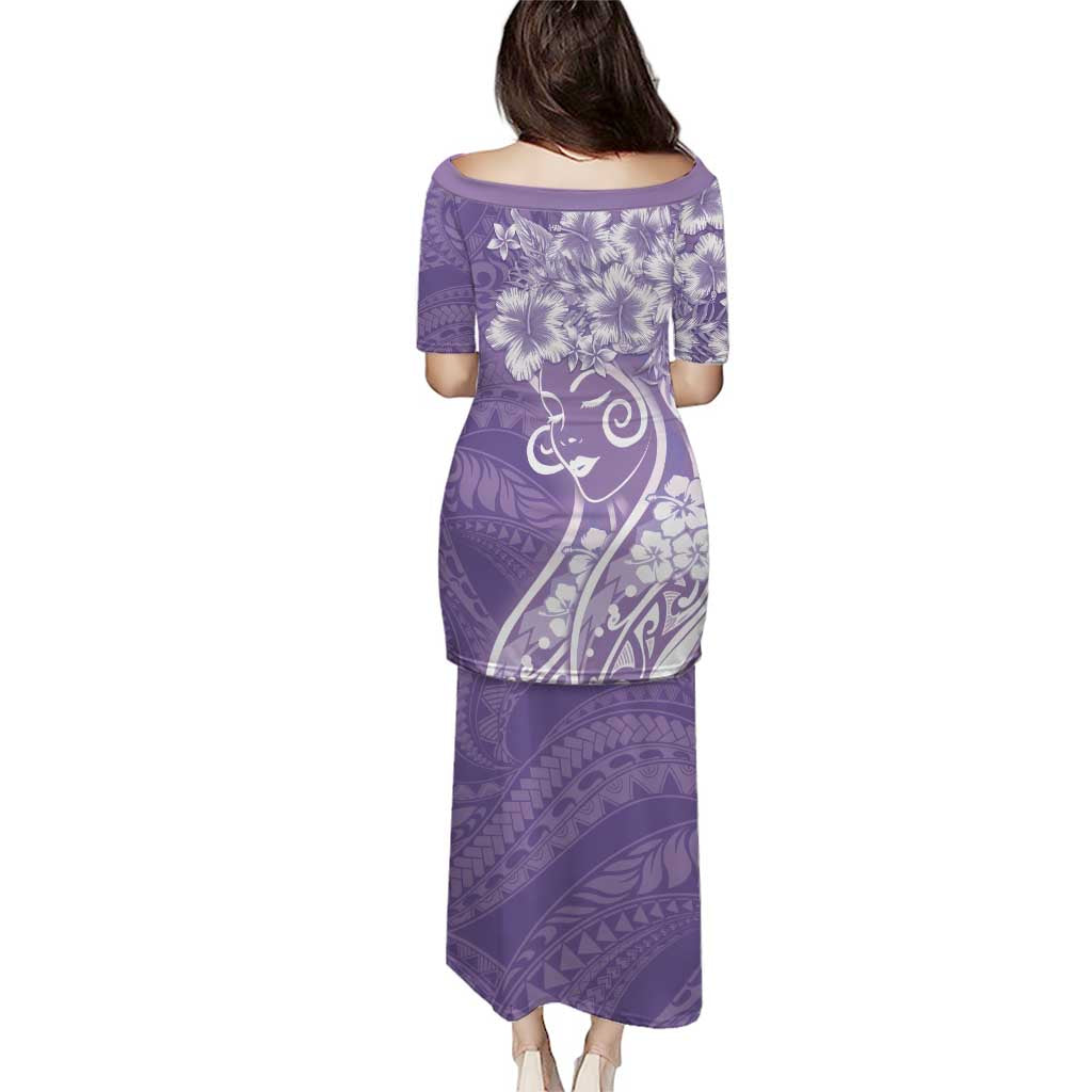 Polynesian Women's Day Puletasi Purple Hibiscus Flowers With Polynesian Pattern