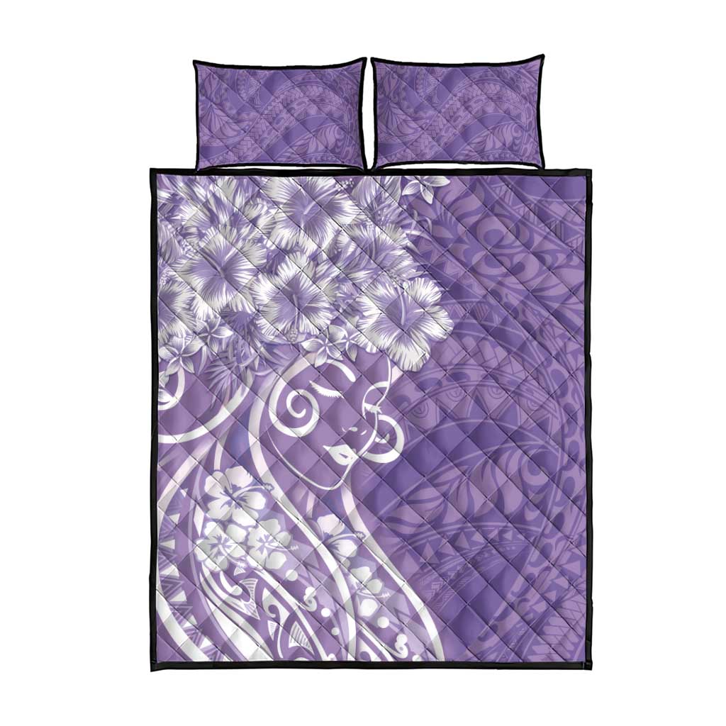 Polynesian Women's Day Quilt Bed Set Purple Hibiscus Flowers With Polynesian Pattern