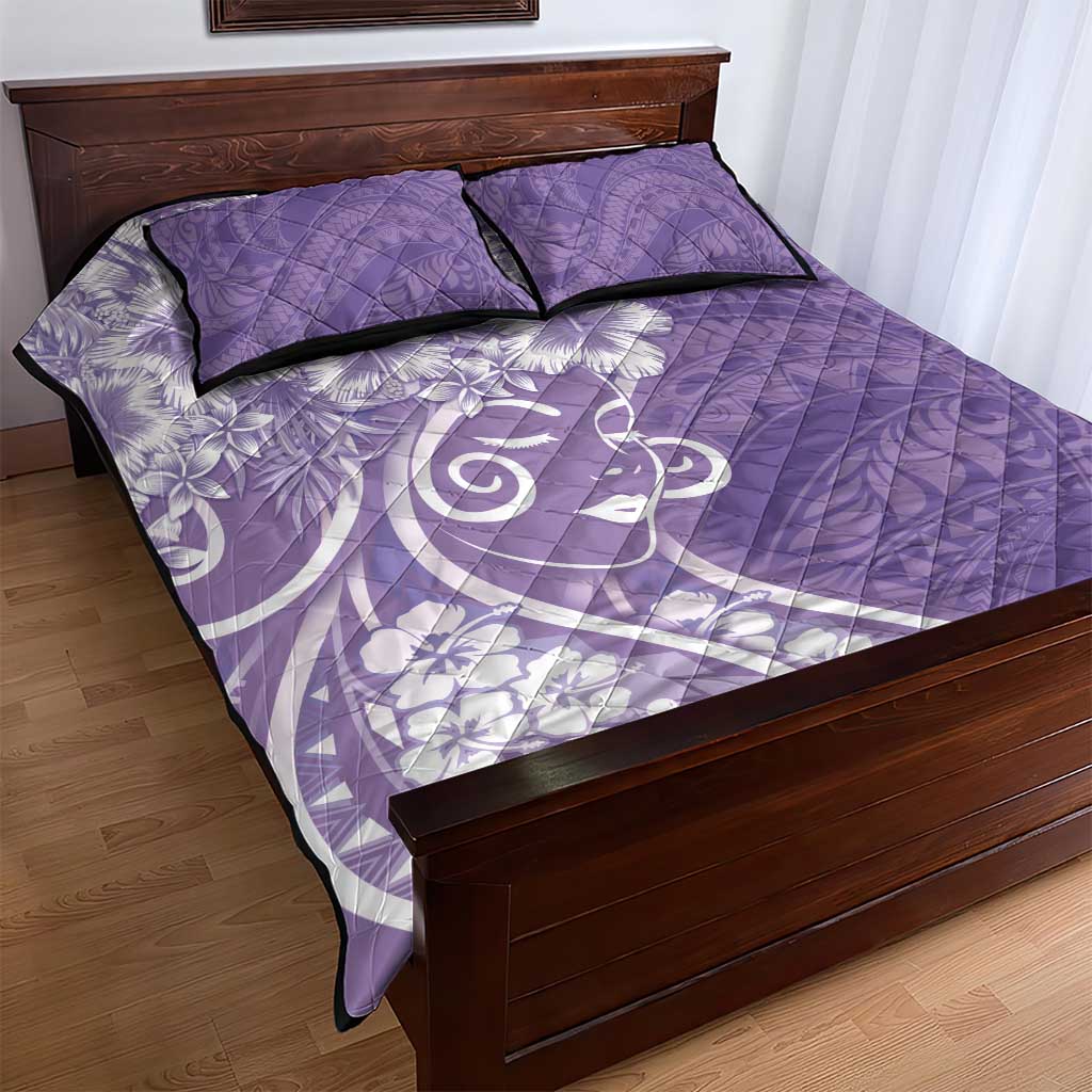 Polynesian Women's Day Quilt Bed Set Purple Hibiscus Flowers With Polynesian Pattern