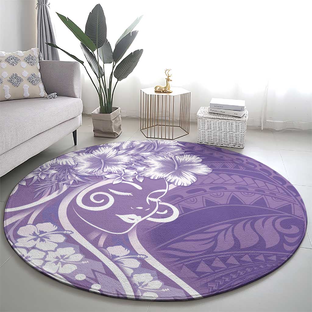Polynesian Women's Day Round Carpet Purple Hibiscus Flowers With Polynesian Pattern