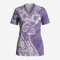 Polynesian Women's Day Scrub Top Purple Hibiscus Flowers With Polynesian Pattern