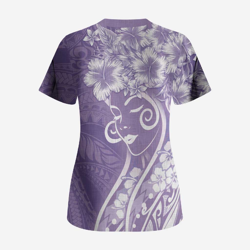 Polynesian Women's Day Scrub Top Purple Hibiscus Flowers With Polynesian Pattern