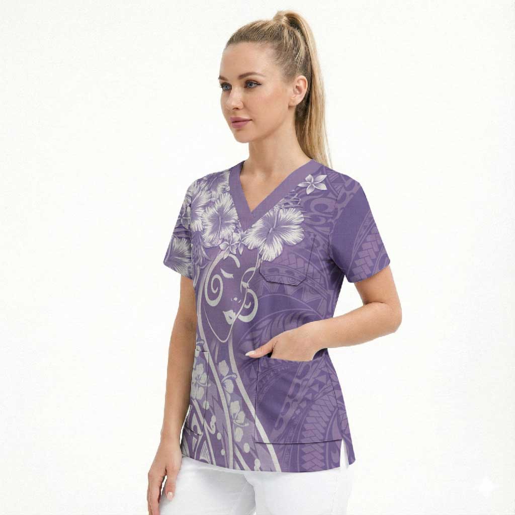 Polynesian Women's Day Scrub Top Purple Hibiscus Flowers With Polynesian Pattern