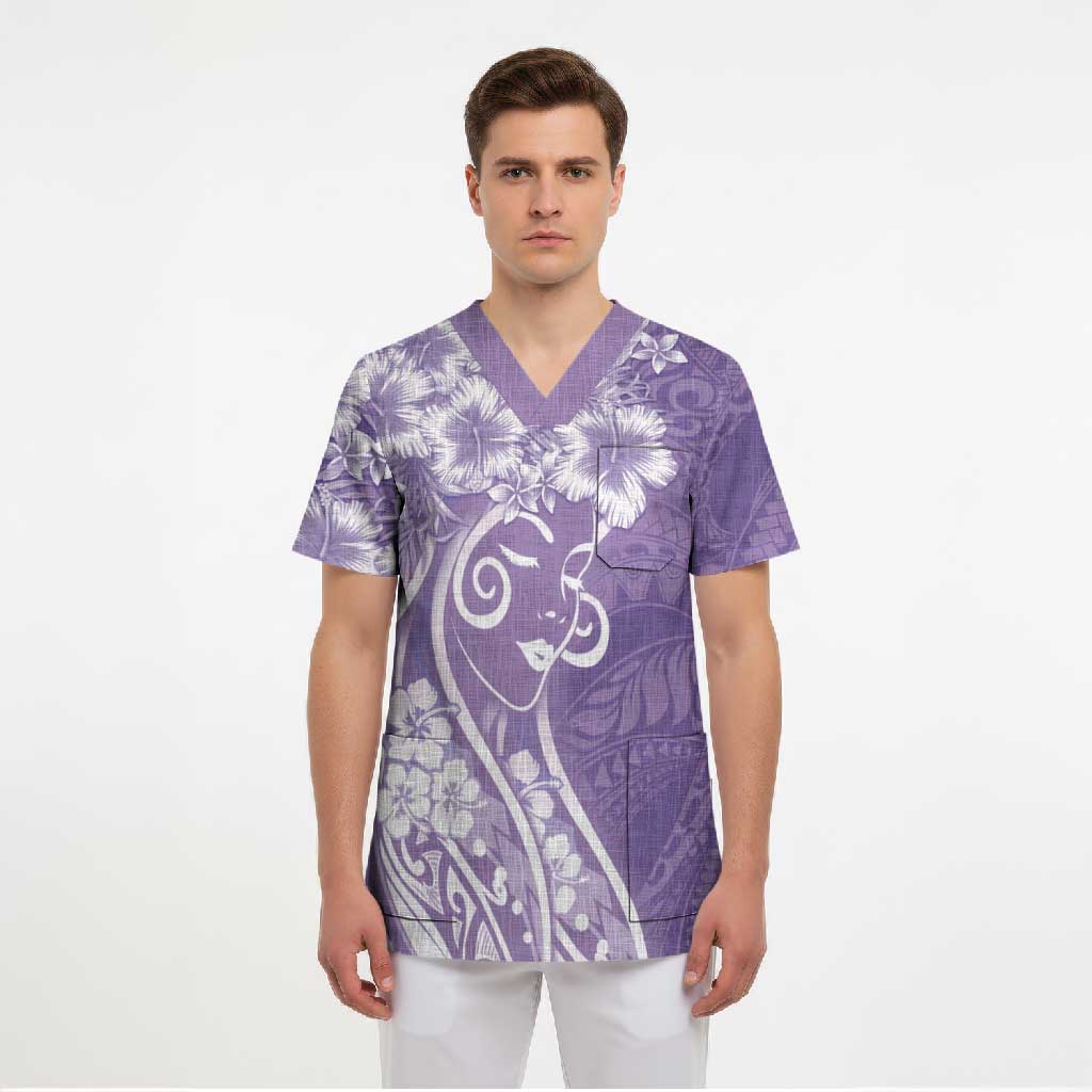 Polynesian Women's Day Scrub Top Purple Hibiscus Flowers With Polynesian Pattern