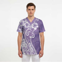 Polynesian Women's Day Scrub Top Purple Hibiscus Flowers With Polynesian Pattern
