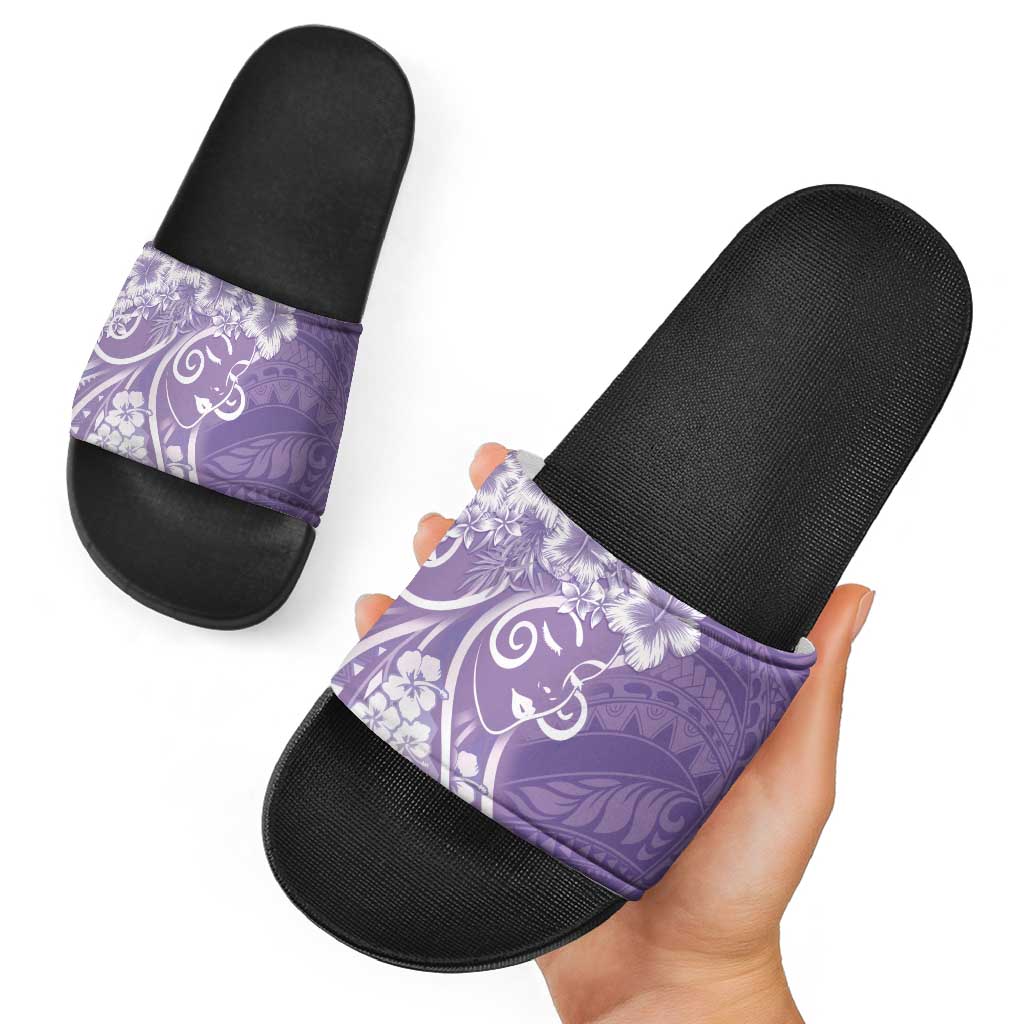 Polynesian Women's Day Slide Sandals Purple Hibiscus Flowers With Polynesian Pattern