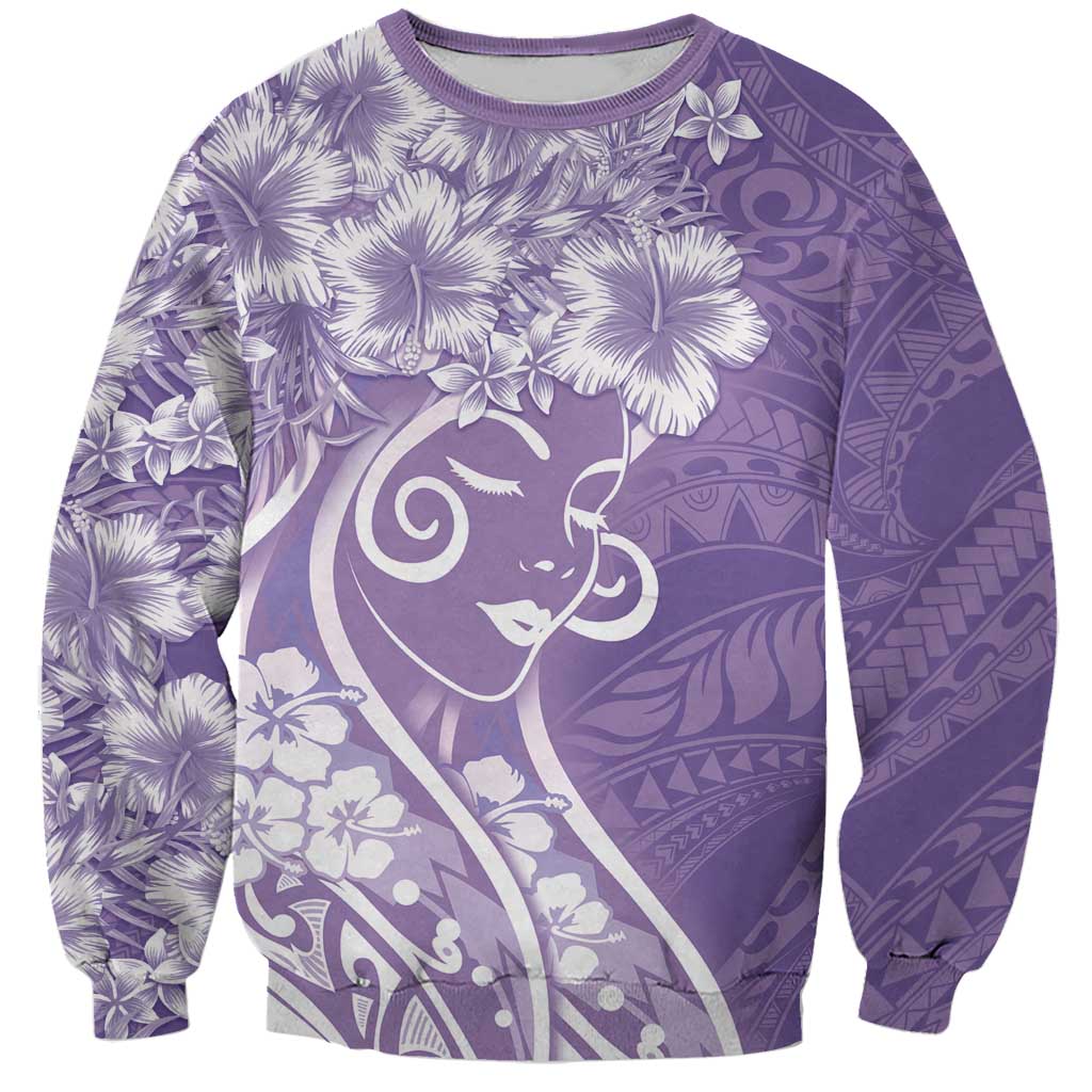 Polynesian Women's Day Sweatshirt Purple Hibiscus Flowers With Polynesian Pattern
