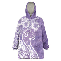 Polynesian Women's Day Wearable Blanket Hoodie Purple Hibiscus Flowers With Polynesian Pattern