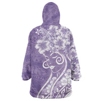 Polynesian Women's Day Wearable Blanket Hoodie Purple Hibiscus Flowers With Polynesian Pattern