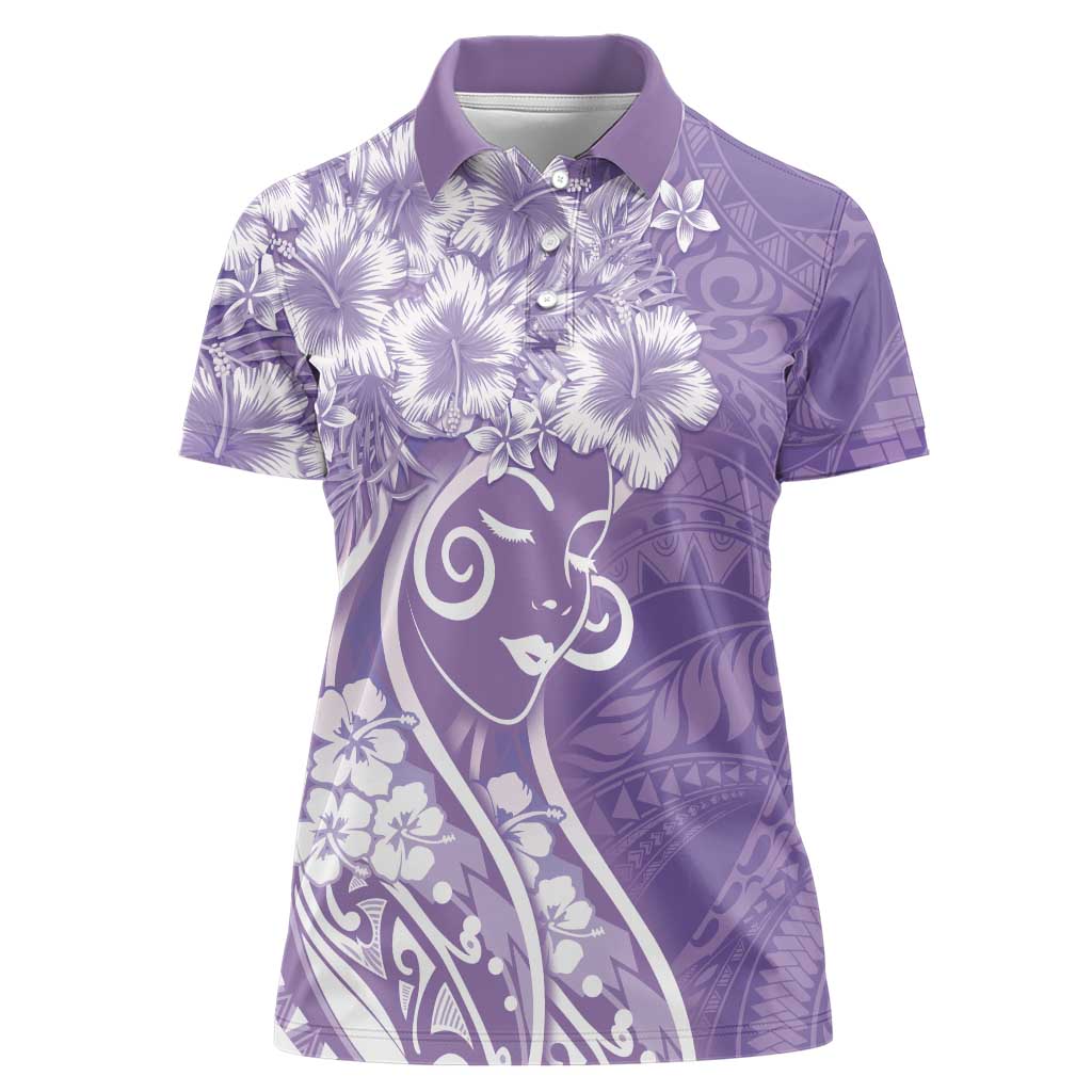 Polynesian Women's Day Women Polo Shirt Purple Hibiscus Flowers With Polynesian Pattern