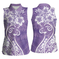 Polynesian Women's Day Women Sleeveless Polo Shirt Purple Hibiscus Flowers With Polynesian Pattern