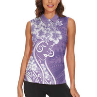 Polynesian Women's Day Women Sleeveless Polo Shirt Purple Hibiscus Flowers With Polynesian Pattern