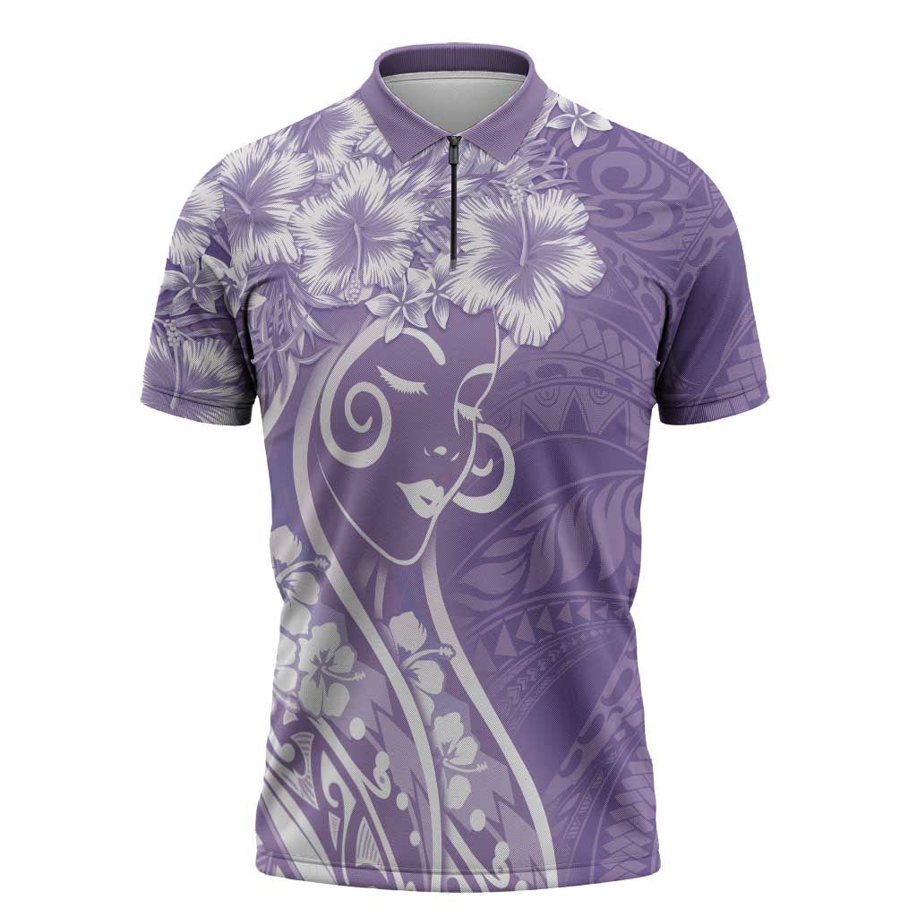 Polynesian Women's Day Zipper Polo Shirt Purple Hibiscus Flowers With Polynesian Pattern
