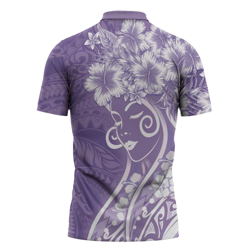 Polynesian Women's Day Zipper Polo Shirt Purple Hibiscus Flowers With Polynesian Pattern