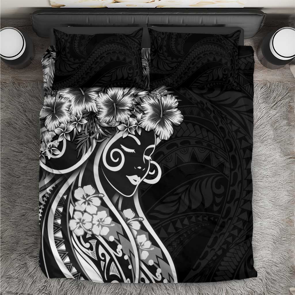 Polynesian Women's Day Bedding Set Black Hibiscus Flowers With Polynesian Pattern