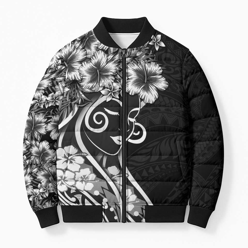 Polynesian Women's Day Bomber Puffer Jacket Black Hibiscus Flowers With Polynesian Pattern LT05 Unisex Black - Polynesian Pride