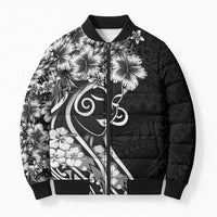 Polynesian Women's Day Bomber Puffer Jacket Black Hibiscus Flowers With Polynesian Pattern LT05 Unisex Black - Polynesian Pride