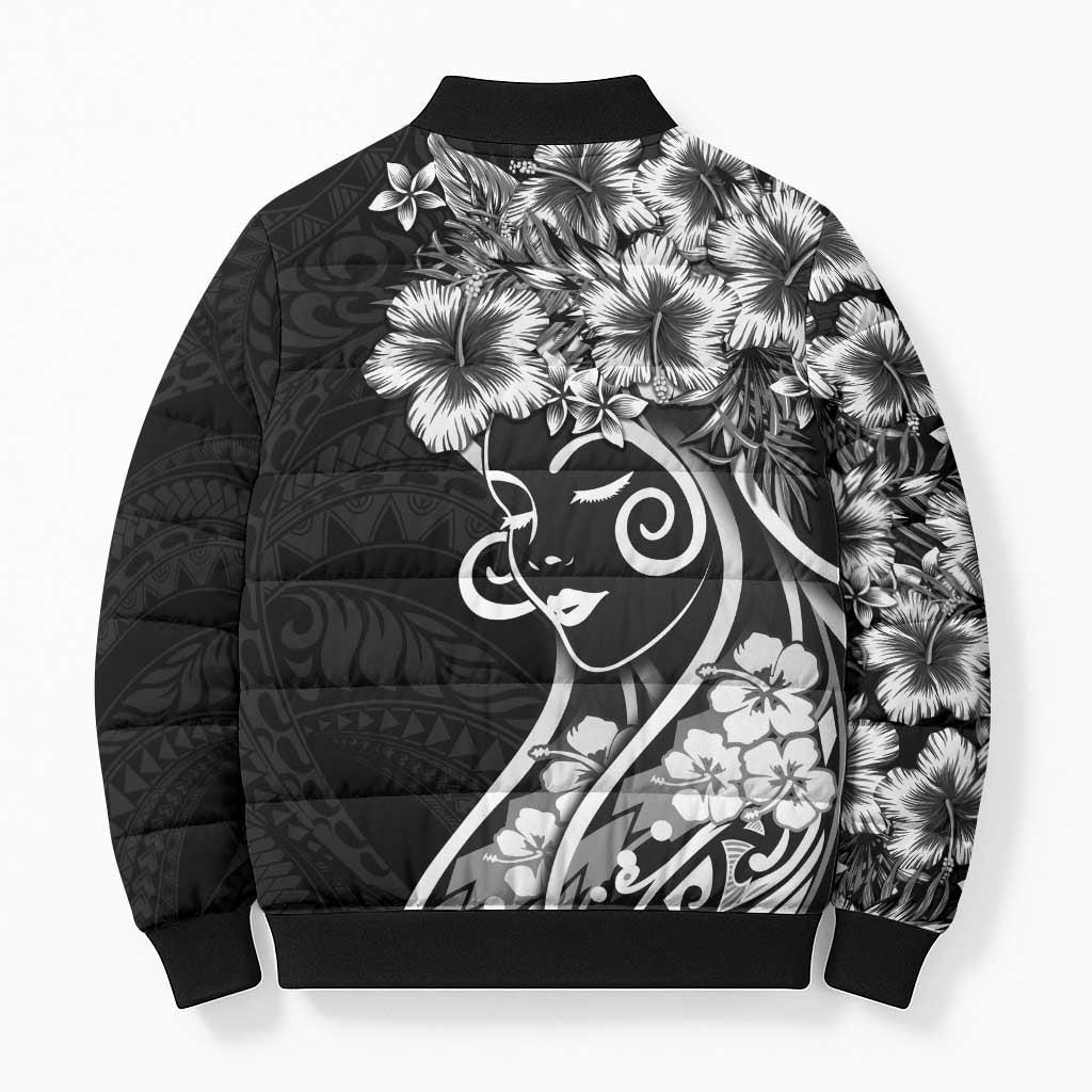 Polynesian Women's Day Bomber Puffer Jacket Black Hibiscus Flowers With Polynesian Pattern LT05 - Polynesian Pride
