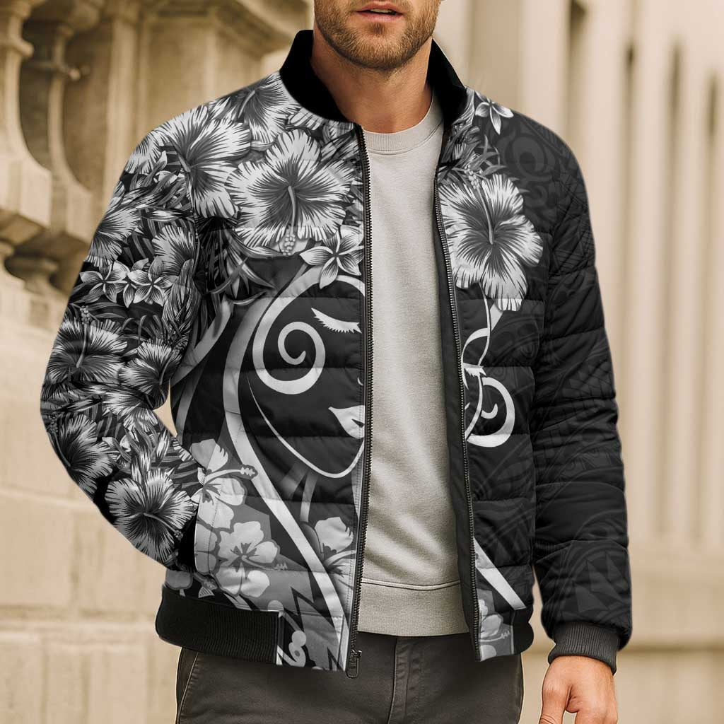 Polynesian Women's Day Bomber Puffer Jacket Black Hibiscus Flowers With Polynesian Pattern LT05 - Polynesian Pride