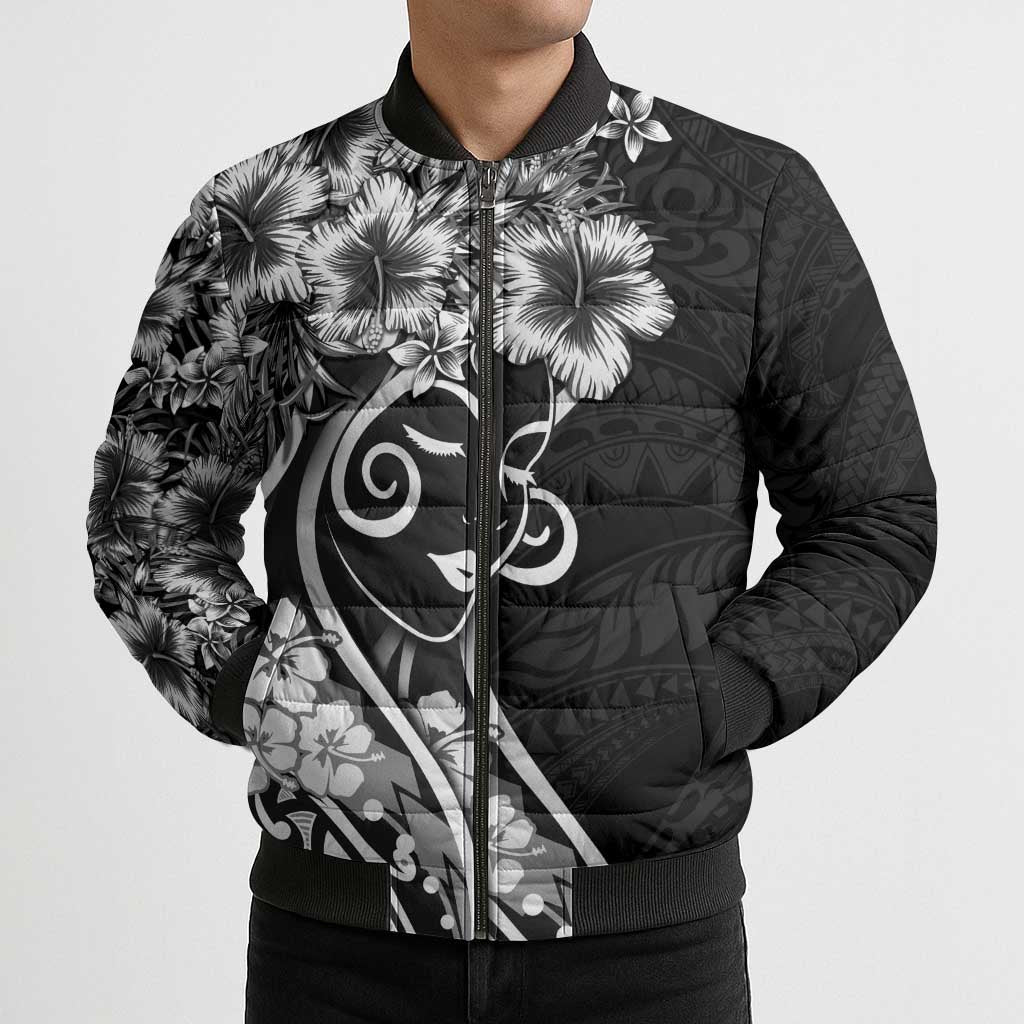 Polynesian Women's Day Bomber Puffer Jacket Black Hibiscus Flowers With Polynesian Pattern LT05 - Polynesian Pride