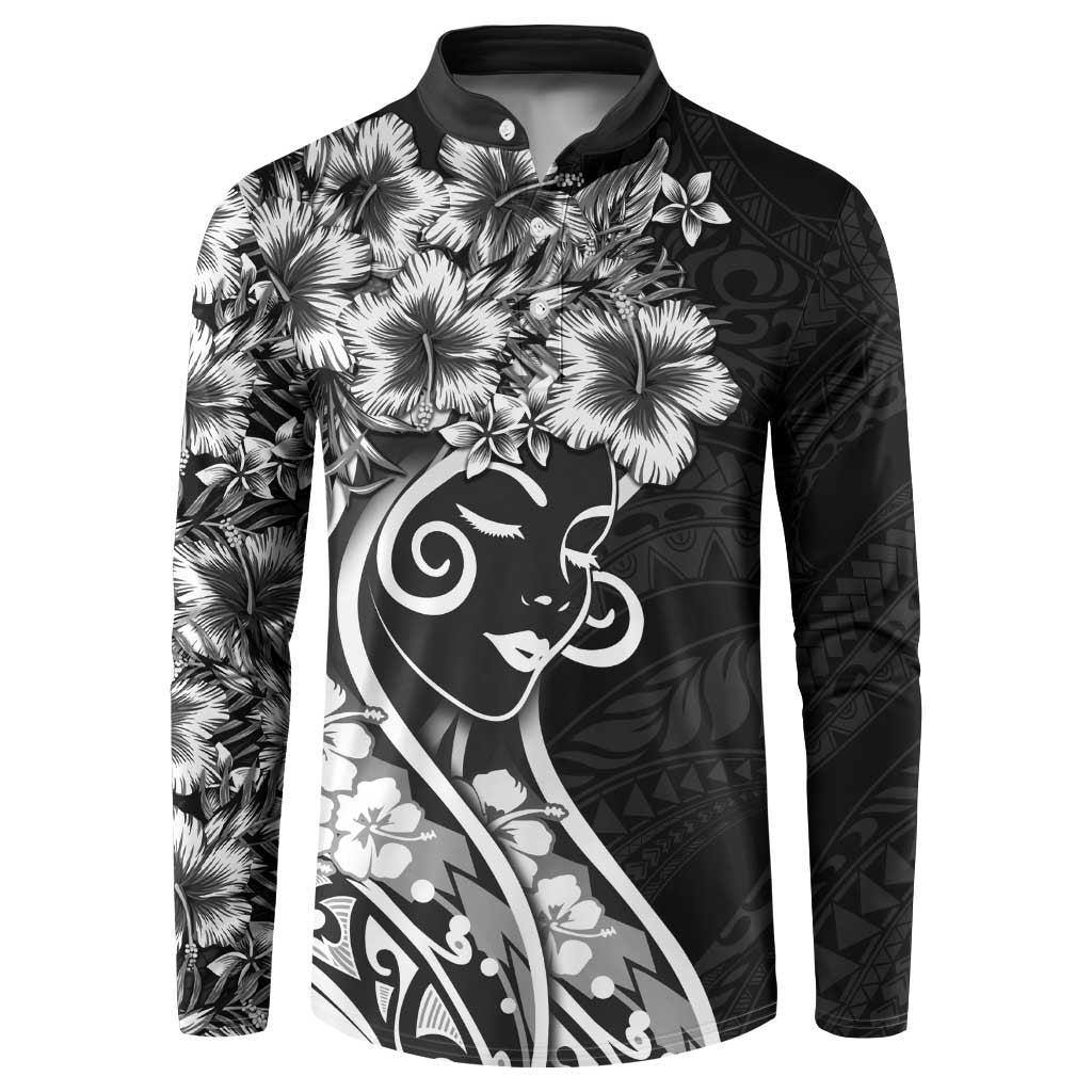 Polynesian Women's Day Button Sweatshirt Black Hibiscus Flowers With Polynesian Pattern