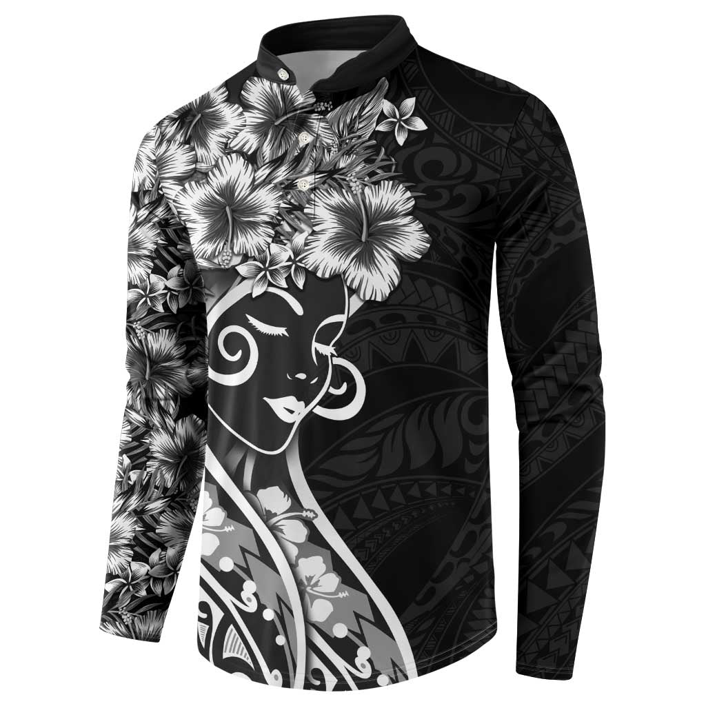 Polynesian Women's Day Button Sweatshirt Black Hibiscus Flowers With Polynesian Pattern