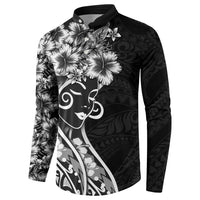Polynesian Women's Day Button Sweatshirt Black Hibiscus Flowers With Polynesian Pattern