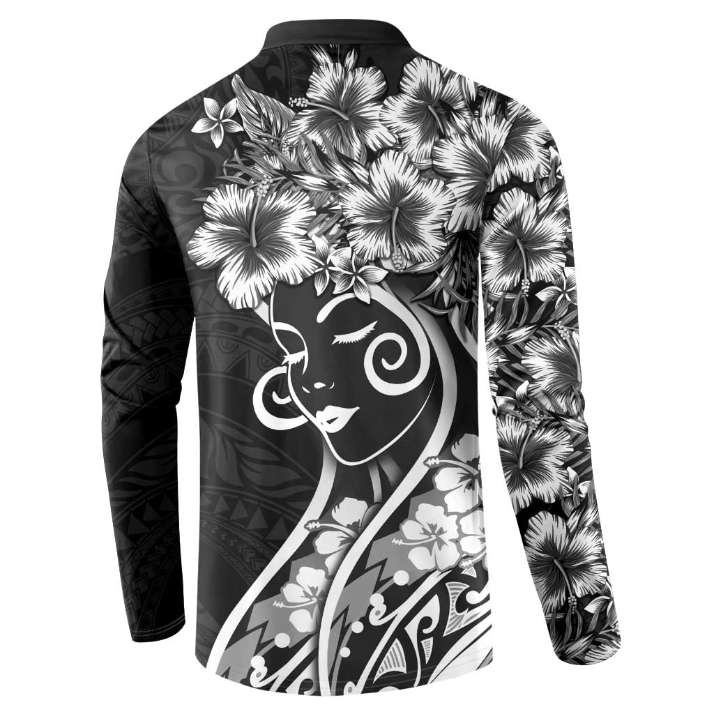 Polynesian Women's Day Button Sweatshirt Black Hibiscus Flowers With Polynesian Pattern
