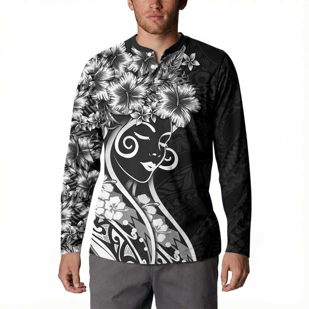 Polynesian Women's Day Button Sweatshirt Black Hibiscus Flowers With Polynesian Pattern