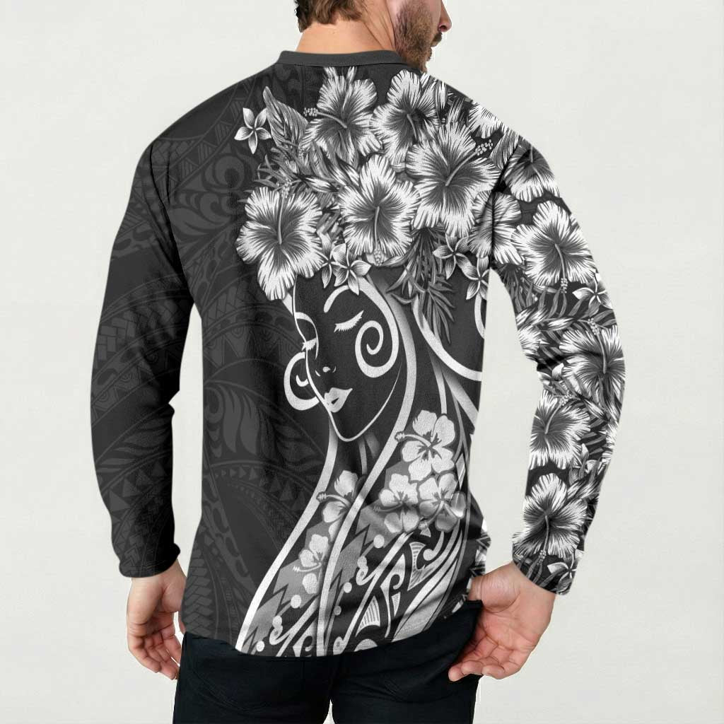 Polynesian Women's Day Button Sweatshirt Black Hibiscus Flowers With Polynesian Pattern