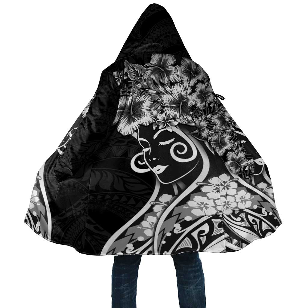 Polynesian Women's Day Cloak Black Hibiscus Flowers With Polynesian Pattern