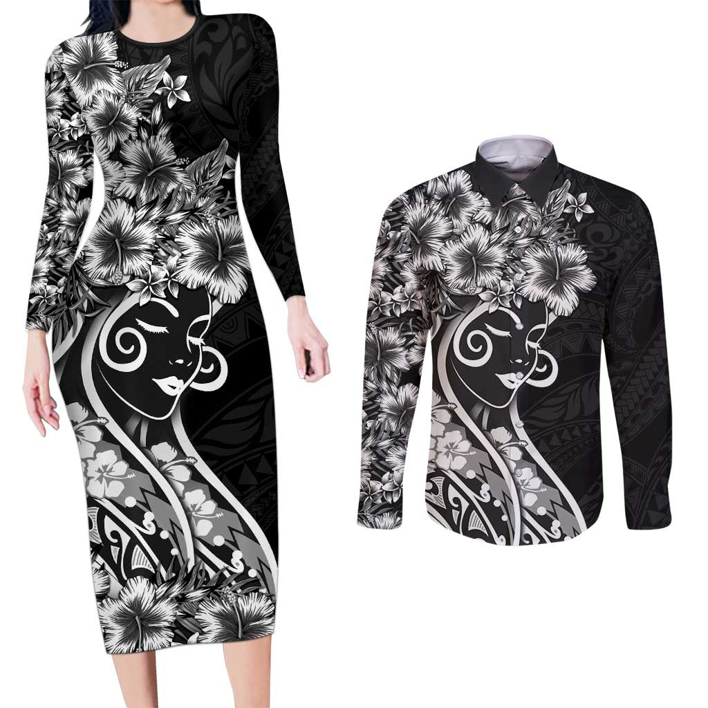 Polynesian Women's Day Couples Matching Long Sleeve Bodycon Dress and Long Sleeve Button Shirt Black Hibiscus Flowers With Polynesian Pattern LT05 Black - Polynesian Pride