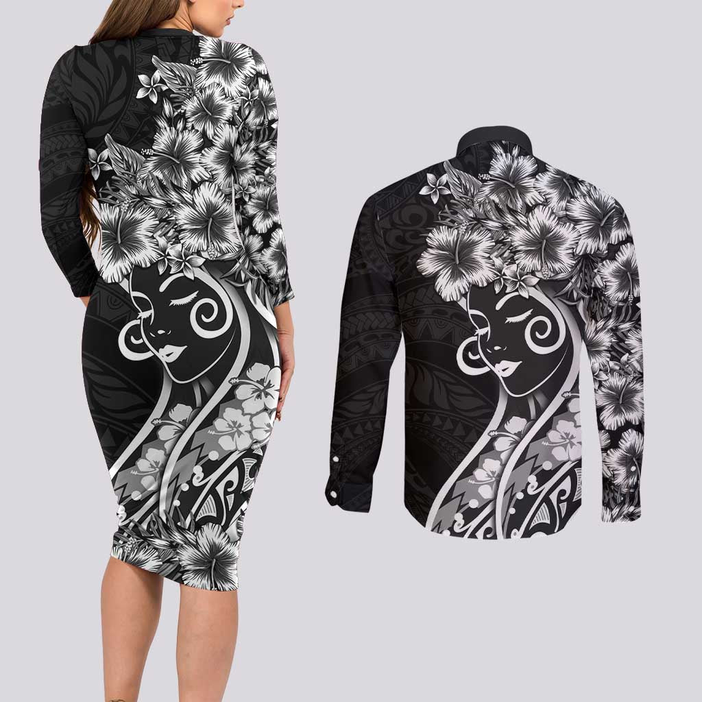 Polynesian Women's Day Couples Matching Long Sleeve Bodycon Dress and Long Sleeve Button Shirt Black Hibiscus Flowers With Polynesian Pattern LT05 - Polynesian Pride