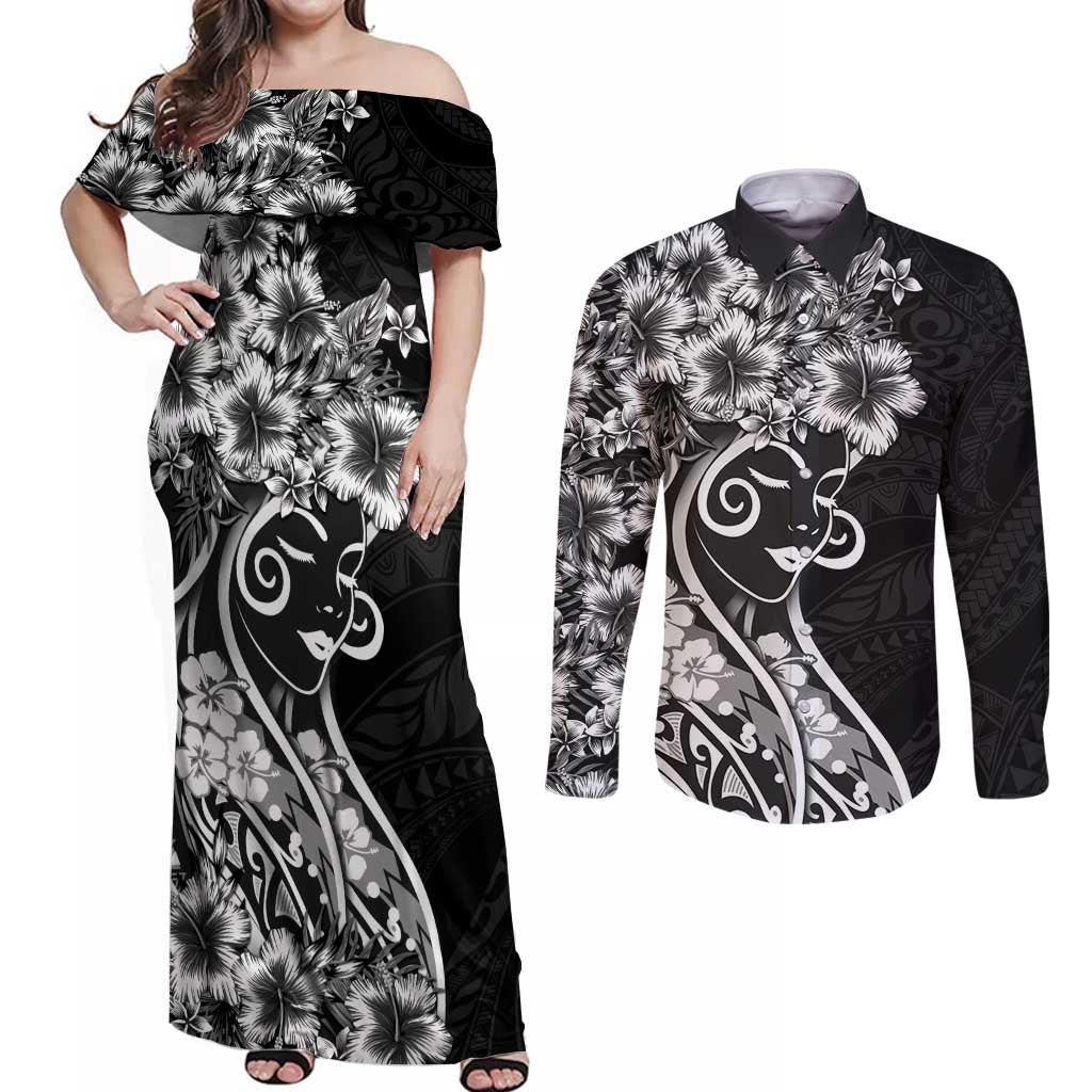 Polynesian Women's Day Couples Matching Off Shoulder Maxi Dress and Long Sleeve Button Shirt Black Hibiscus Flowers With Polynesian Pattern