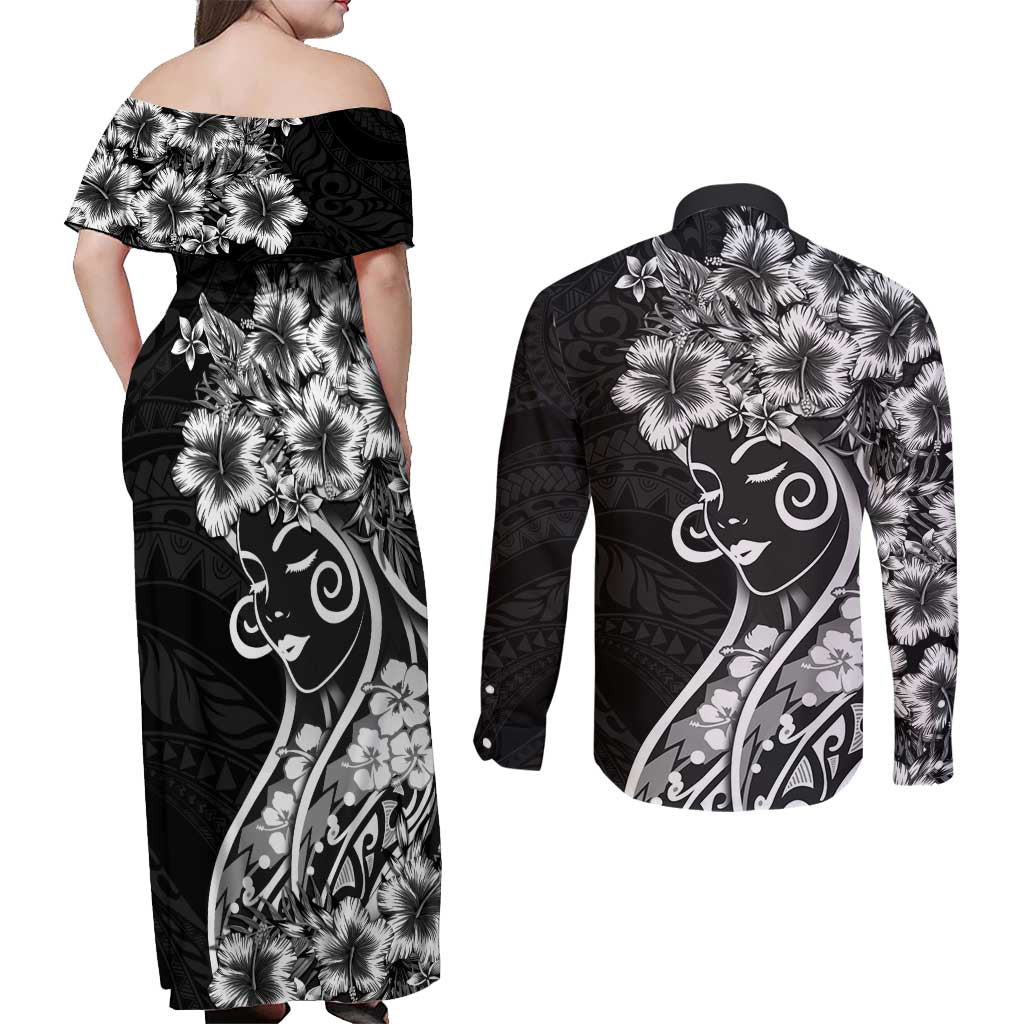 Polynesian Women's Day Couples Matching Off Shoulder Maxi Dress and Long Sleeve Button Shirt Black Hibiscus Flowers With Polynesian Pattern