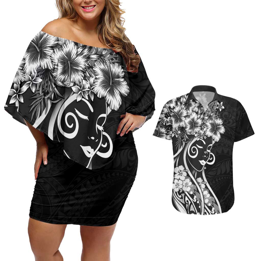 Polynesian Women's Day Couples Matching Off Shoulder Short Dress and Hawaiian Shirt Black Hibiscus Flowers With Polynesian Pattern