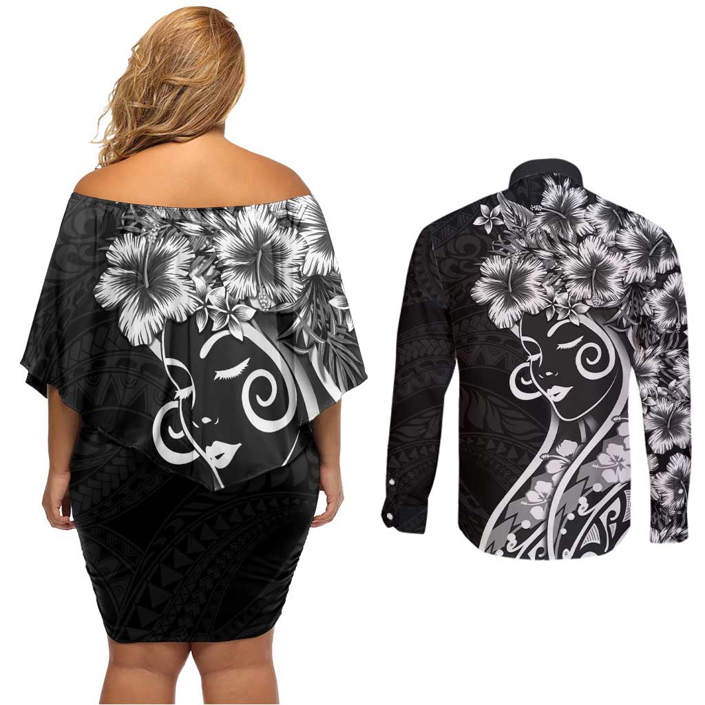 Polynesian Women's Day Couples Matching Off Shoulder Short Dress and Long Sleeve Button Shirt Black Hibiscus Flowers With Polynesian Pattern