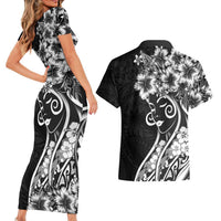 Polynesian Women's Day Couples Matching Short Sleeve Bodycon Dress and Hawaiian Shirt Black Hibiscus Flowers With Polynesian Pattern LT05 - Polynesian Pride