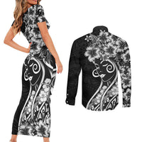 Polynesian Women's Day Couples Matching Short Sleeve Bodycon Dress and Long Sleeve Button Shirt Black Hibiscus Flowers With Polynesian Pattern