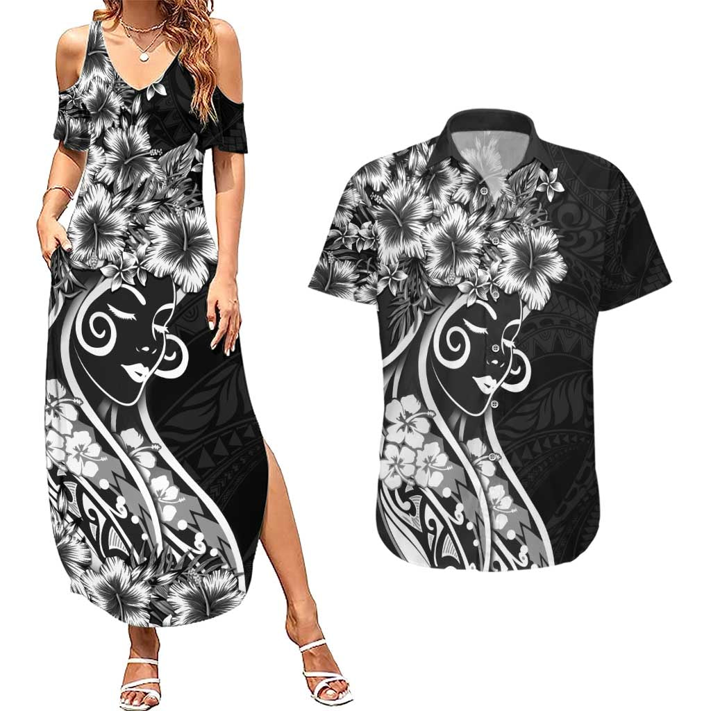 Polynesian Women's Day Couples Matching Summer Maxi Dress and Hawaiian Shirt Black Hibiscus Flowers With Polynesian Pattern