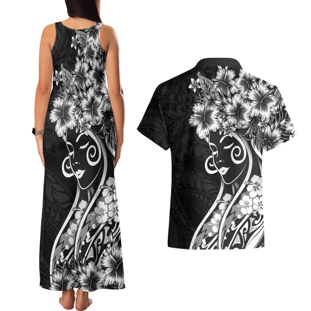 Polynesian Women's Day Couples Matching Tank Maxi Dress and Hawaiian Shirt Black Hibiscus Flowers With Polynesian Pattern LT05 - Polynesian Pride