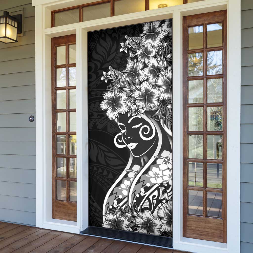 Polynesian Women's Day Door Cover Black Hibiscus Flowers With Polynesian Pattern