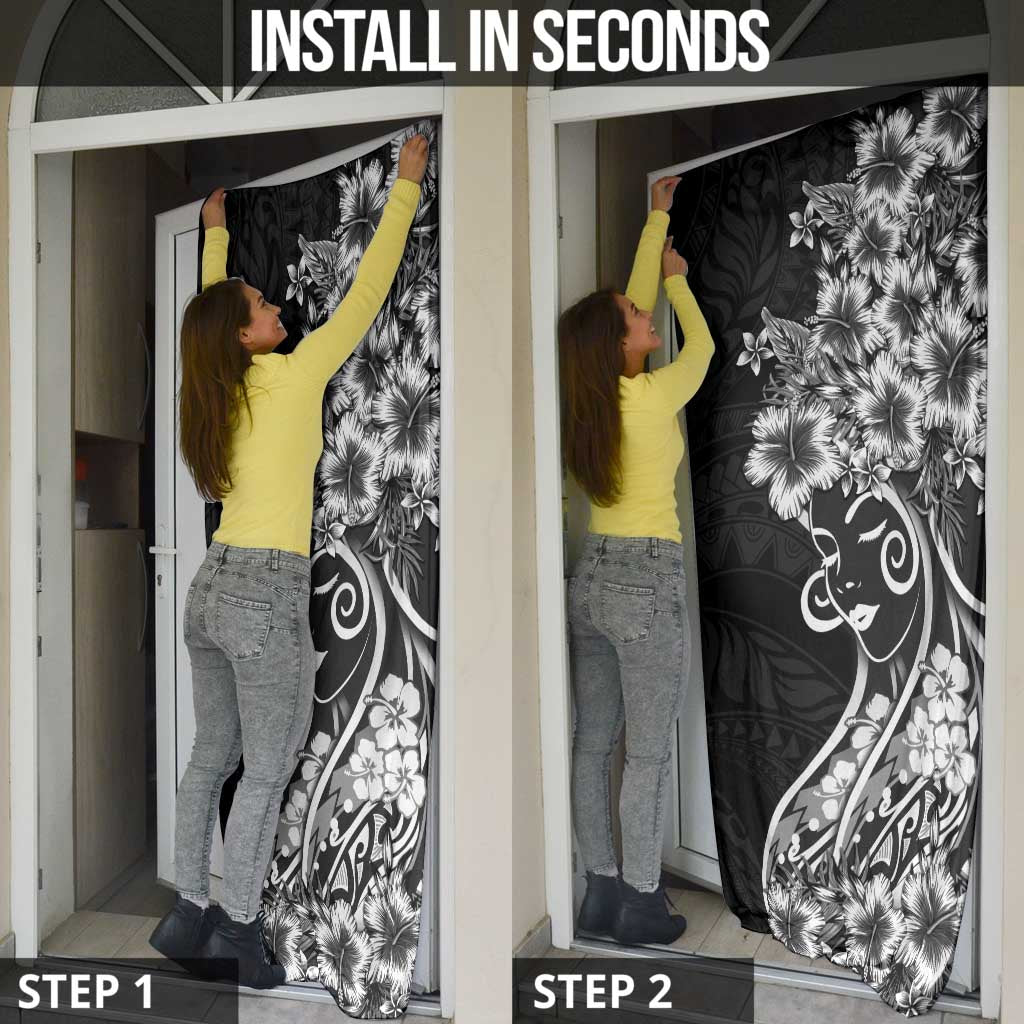 Polynesian Women's Day Door Cover Black Hibiscus Flowers With Polynesian Pattern